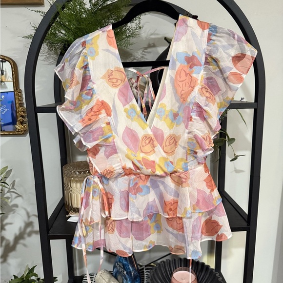 Ted Baker Flutter Sleeve Peplum Blouse in Orange and Pink size 0 - Picture 2 of 8